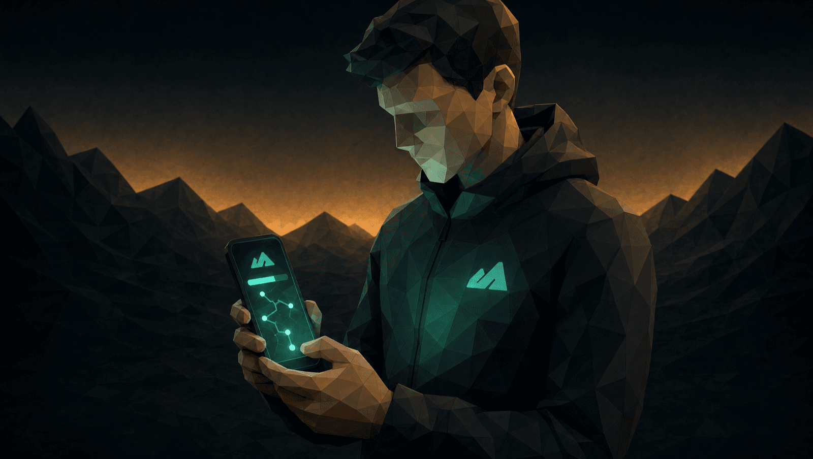 Atleta low-poly de NORVIA consultando su progreso en una tablet