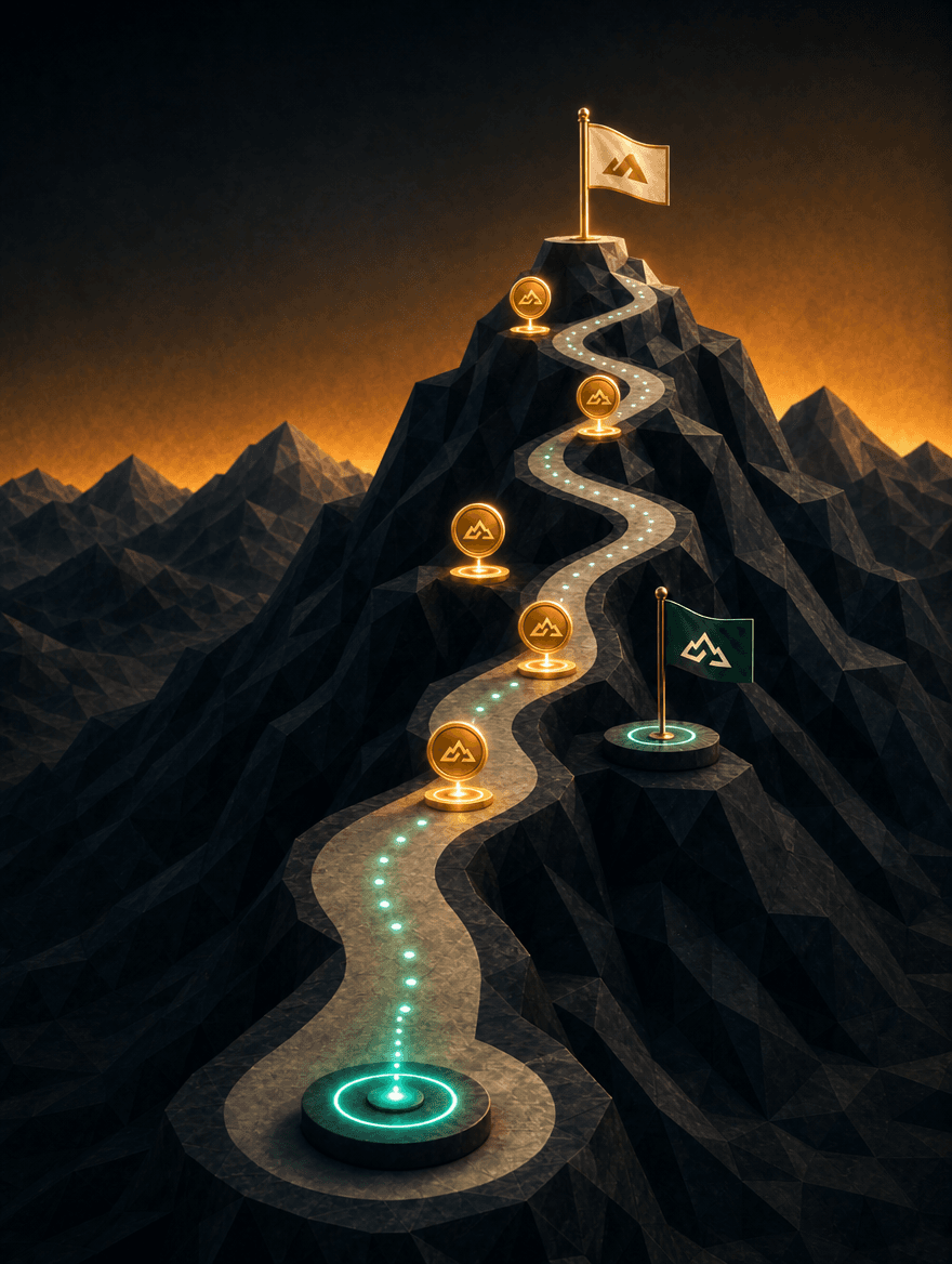 El camino del juego: sendero que asciende la montaña de NORVIA con monedas del isotipo, checkpoint y bandera en la cima