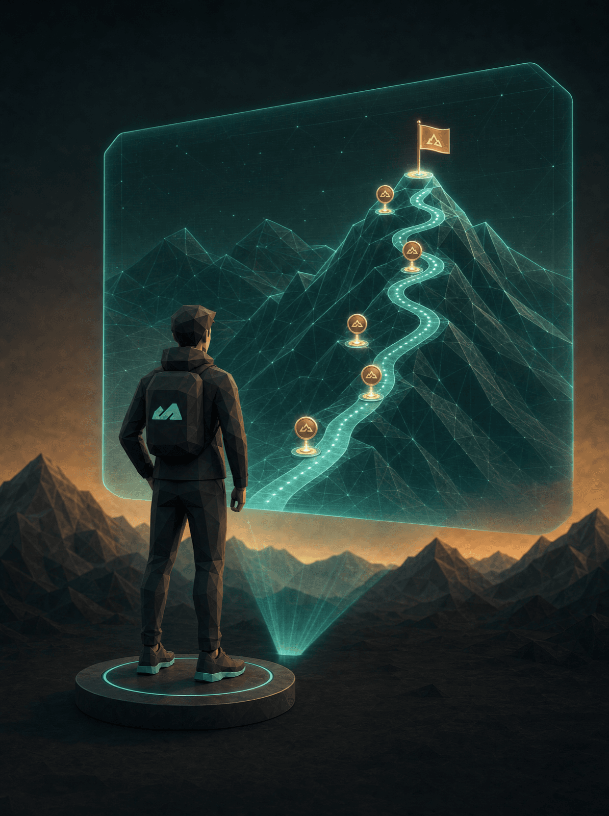 Atleta de NORVIA frente al mapa holográfico de su misión: ruta, checkpoints y monedas