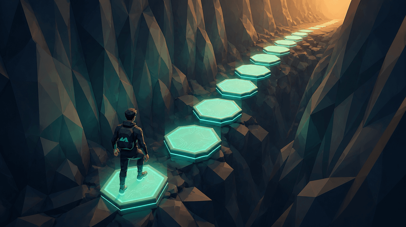 El mismo abismo, ahora cruzado por plataformas hexagonales de luz que forman el camino hacia la cima